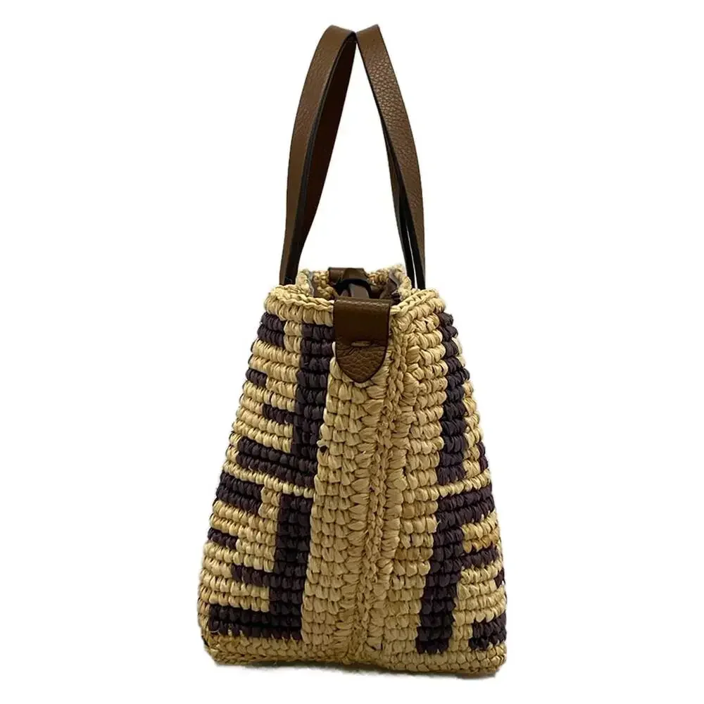 Fendi Roll Mini, Zucca Pattern Handbag 8BS096 Beige Dark Brown Straw Leather